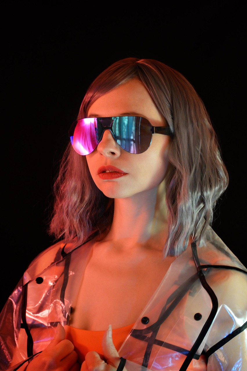 woman, glasses, neon, hoodie, modern, stylish, futuristic, fiction, portrait